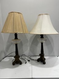 A Pairof Crystal And Brass Table Lamps