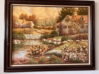 Large 1970's Landscape Thatched Cottages In A Floral Field Signed Fiora Cozzi