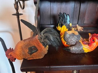 A Pair Of Resin Roosters, One Is A Shelf Sitter