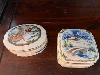 A Pair Of Porcelain Music Boxes By San Francisco Music Box Co Winter Scenes