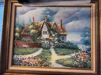 Cottage In The Country Framed 16 X 20 Painting On Canvas Signed Lower Right