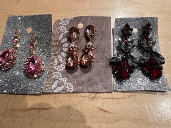 3 Pair Of Holiday/evening Earrings Pierced Rose, Amber And Garnet Colored Crystals