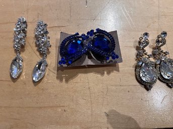 3 Pair Earrings Cobalt BLUE, Crystal Dangling