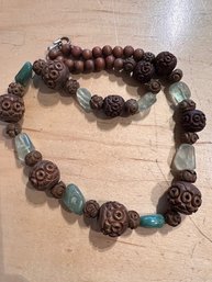 Carved Wooden Beads With Natural Stones, Quartz And