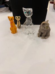 Group Of 4 Small Cat Figurines One Hand Blown Glass