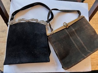 2 Deco Suede Vintage Handbags, Marcasite Clasp, Bag On Right Side Has Poor Lining