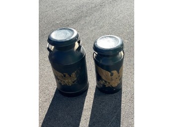 An Epic Pair Of Gold Emblazoned Eagles On A Pair Of  Vermont And Maine Dairy Cans