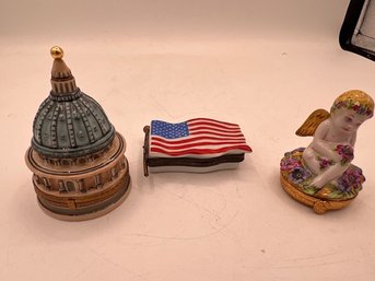 A Group Of Three Limoges Boxes One Limited Edition Marquis De Pompadou 28/250, Flag And Cherub