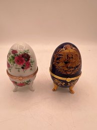 A Pair Of Two Faberge/limoges Egg Shaped Boxes