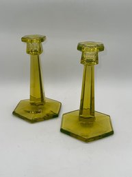 A Stunning Pair Of Citrine Glass Candle Sticks Approx 9' H