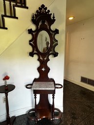 Victorian Walnut Entry Hall Organizer Marble Top Shelf, Mirror And Umbrella Holder