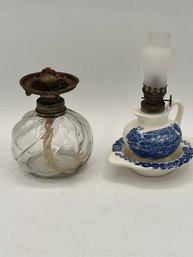 2 Vintage Oil Lamps One Glass One Blue And White Porcelain