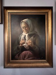Morando Luque (Argentine) Painting Of Woman Knitting Framed Approx 26 X 32