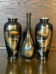 MCM Group Of 3 Etched Metal Vases Made In Japan