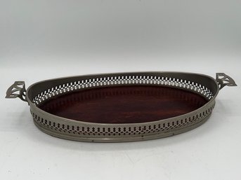 Oval Mahogany Handled Serving Tray Silver Plate