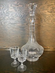 Crystal Decanter And 2 Cordial Glasses