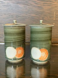 Retro Pair Of Ceramic Canisters With Covers Cleadon With Orange And White