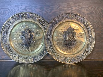 Pair Of Hammered Brass Ships 12' Diameter  Made In England