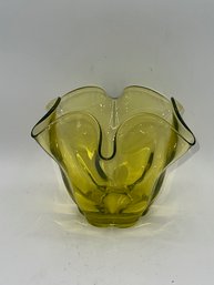 A Vintage Lime Yellow Ruffle Glass Vase