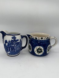 A Pair Of 2 Blue And White Pitchers German Spongeware 1920's And Buffalo Pottery USA