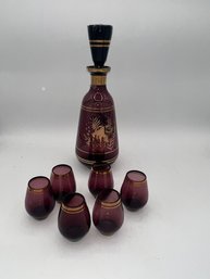 Amethyst Cordial Set Decanter And 6 Gold Enhanced Glasses Gold Fish On Decanter