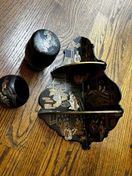 Group Of Japanese Lacquer Desk Pieces And Wall Shelf