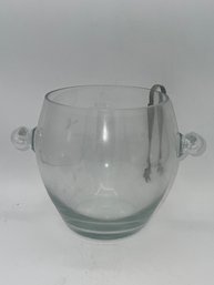 Glass Ice Bucket With Silver Plate Ice Tongs