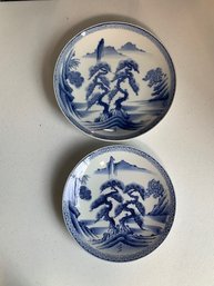 Pair Of Japanese Blue And White Trees China Plates See Chop Mark