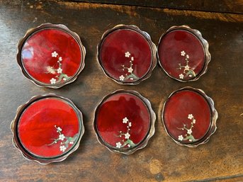 Red Enamel With White Flowers On Brass 8 Coasters Made In Japan