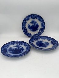 A Group Of Three Flow Blue Dessert Plates Oriental Stone Scinde