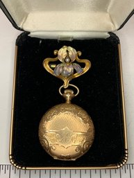 Exquisite 14k Omega Ladies Pocket Watch On Art Nouveau Pin