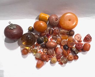 A Group Of Antique Beads, Amber, Glass, Stone Etc