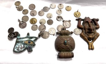 A Group Of Vintage Coins, Artifacts Pendants Etc
