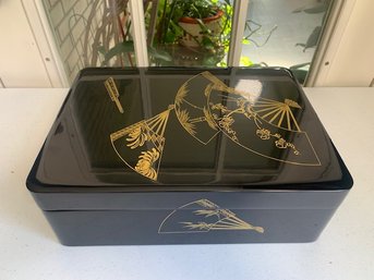 Magnificent Japanese Black Lacquer Box Fan In Gold