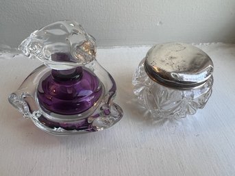 Perfume Bottle And Antique Crystal Snuff Container Sterling Silver Cover