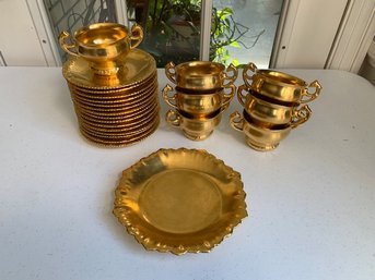 Gold Healy-Chryso Ceramic 7 Of The 2 Handled Cups With 15 Plates ~ Limoges