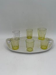 Vintage Oval Shot Tray With Citrine Shot Glasses One Clear Glass One Larger Citrine