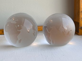 Pair Of  Frosted Glass World Paper Weights
