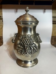 Exceptional Pewter Covered Jar Encased In Grapes With Two Handles Dated 1863 (#2)