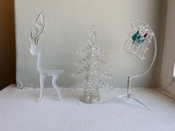 3 SPUN Glass Deer, Christmas Tree And Hanging Ornament