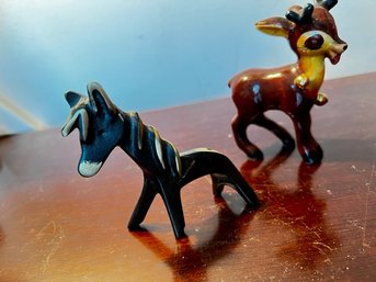 2 Animal Figurines Small Horse, Brass Made In Germany One Porcelain Deer