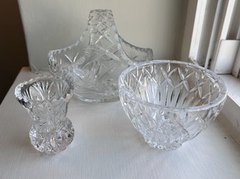 3 Crystal Serving Pieces, Basket, Bowl And Vase/toothpick Holder