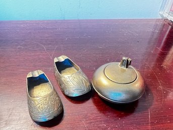 Brass Ashtray Including 2 Shoes And A Brass Covered Dome Made In India
