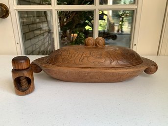 Nut Cracker And Covered Wood Carved Nut Bowl Signed By Artist From Bali