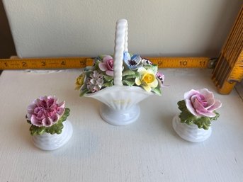 Royal Doulton Bone China Basket Of Flowers And 2 Smaller