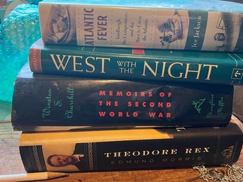 4 Hard Covered Books, West With The Night, Atlantic Fever, Memories Of The WWII, And Theodore Rex
