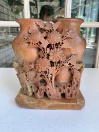 Carved Soapstone Double Vase On Pedestal Early 1900's