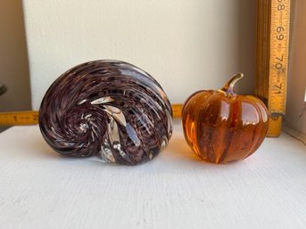 2 Glass Paperweights Snail And Pumpkin