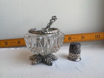 Crystal And Metal Sugar Bowl With Spoon And Thimble With Mary!