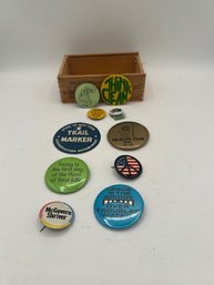 A Group Of Vintage Pins In Wooden Box 1970's Ephemera